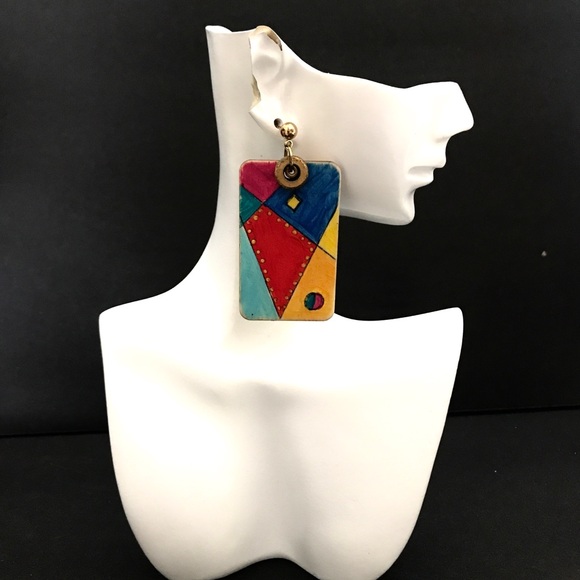 Earrings Abstract hand painted on wood. Very light 2” long - Picture 2 of 2